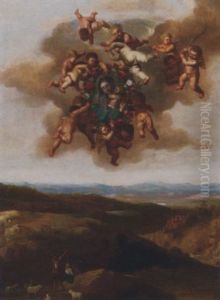 Putti Bearing Aloft An Image Of The Virgin And Child, A Landscape With Shepherds Below by Cornelis Van Poelenburgh