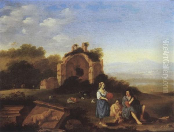 An Italianate Landscape With Peasants And Cattle By Classical Ruins - view 1