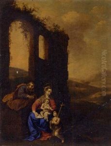 The Holy Family With The Infant Saint John The Baptist, By A Ruin by Cornelis Van Poelenburgh