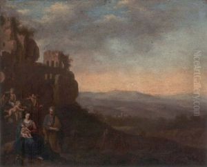 An Italianate Landscape With The Rest On The Flight Into Egypt by Cornelis Van Poelenburgh
