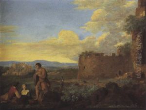 Shepherds Resting In An Arcadian Landscape by Cornelis Van Poelenburgh