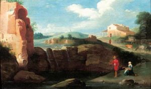 An Angler By A Lake In An Italiante Landscape An Angler By A Lake In An Italiante Landscape