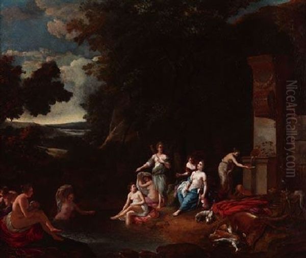 Diana Mit Ihrem Gefolge Bei Der Rast In Bewaldeter Fluslandschaft - view 1