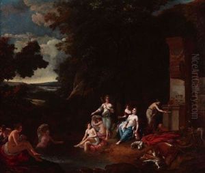 Diana Mit Ihrem Gefolge Bei Der Rast In Bewaldeter Fluslandschaft