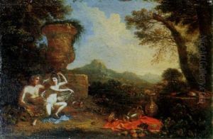 Venus And Bacchus In An Extensive Landscape by Cornelis Van Poelenburgh