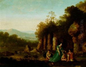 An Arcadian Landscape With A Shepherd And Nymphs Near Rocks