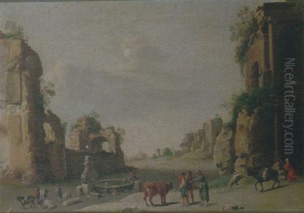 A Southern Landscape With Drovers And Their Cattle Resting Before A Set Of Ruins - view 1