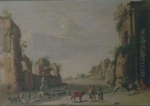 A Southern Landscape With Drovers And Their Cattle Resting Before A Set Of Ruins thumbnail