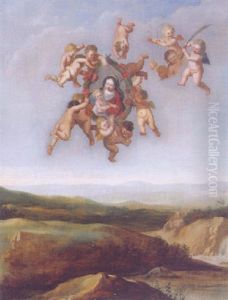 Putti Decorating A Picture Of The Madonna And Child In Glory With A Laurel Wreath, Above An Italianate Landscape by Cornelis Van Poelenburgh