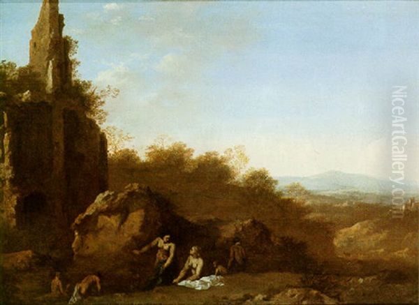 A River Landscape With Figures Bathing In Front Of A Set Of Ruins - view 1