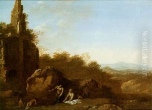 A River Landscape With Figures Bathing In Front Of A Set Of Ruins by Cornelis Van Poelenburgh