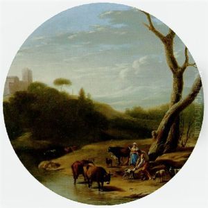 An Italianate Wooded Landscape With A Herdsman And A Shepherdess, Cattle And Goats Watering At A Stream
