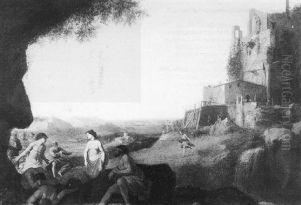 Classical Figures Debating At The Entrance To A Cave With A Waterfall, Roman Ruins And An Extensive Landscape Beyond - view 1