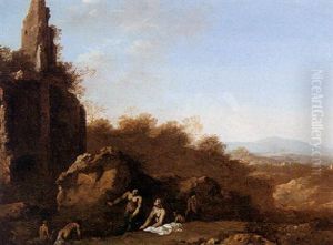 River Landscape With Figures Bathing In Front Of A Set Of Ruins by Cornelis Van Poelenburgh