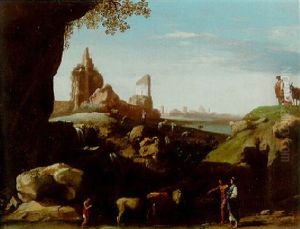 A Herdsman Watering Cattle At A Pool By An Outcrop, Peasants And Goatherds By Ruins Nearbly, Town Beyond