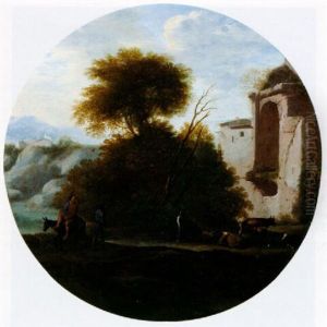 Travellers And Peasants On A Road By Classical Ruins In A Landscape by Cornelis Van Poelenburgh