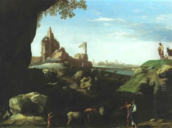 A Herdsman Watering Cattle At A Pool By An Outcrop - view 1
