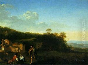 Landscape With Figures Resting Beside Ruins by Cornelis Van Poelenburgh