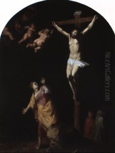 Christ On The Cross With St. Mary Magdalen, St. John And The Virgin by Cornelis Van Poelenburgh