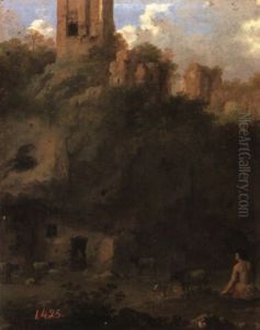 Idyllic Landscape With A Cowherd Watching His Livestock by Cornelis Van Poelenburgh
