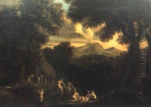Badande Kvinnor I Italienskt Landskap by Cornelis Van Poelenburgh