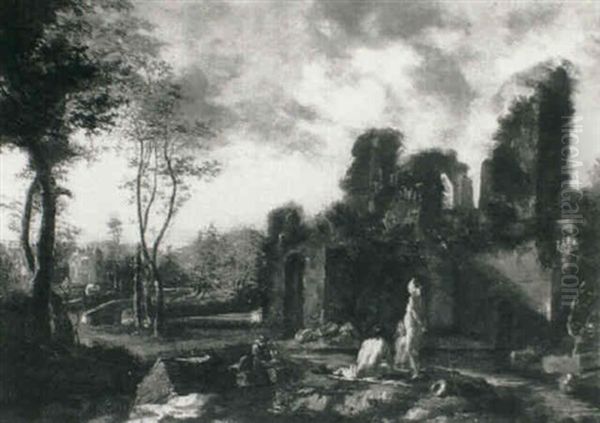 A Wooded Landscape With Bathers On A Band Before A Ruin - view 1