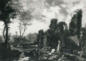 A Wooded Landscape With Bathers On A Band Before A Ruin by Cornelis Van Poelenburgh