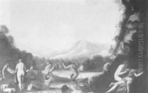 Nymphs And Satyrs Dancing By A Rocky Pool by Cornelis Van Poelenburgh