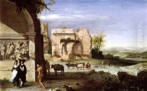 An Elegant Couple Approached By A Beggar In A Landscape     With Ruins