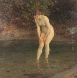 Badende Am Flussufer by Robert Poetzelberger