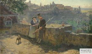 Friede Im Lande. Schildwache In Unterhaltung Mit Einer Frau, Die Ein Kind Auf Den Armen Tragt by Robert Poetzelberger