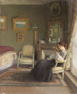 Jeune Femme Lisant Dans Un Interieur by Gustave Poetzsch