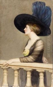 Elegante Au Chapeau Bleu S'appuyant Sur Une Balustrade