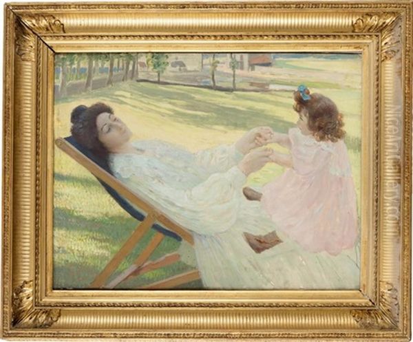 Mere Dans Une Chaise Longue Jouant Avec Sa Petite Fille - view 1