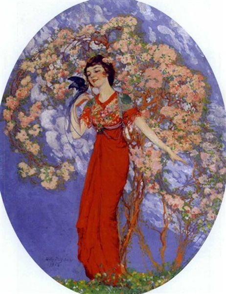 Woman In Red Standing Amid Orchard Blossoms - view 1