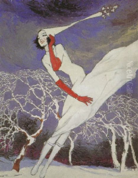 Woman In White Blown By Winter Winds - view 1