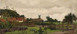 A Farmer At Work, Farmhouses Beyond by Geo Poggenbeek