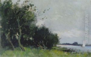 Landschap Met Rechts Een Zeilbootje Op Een Meer
