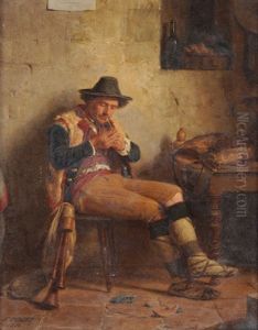 Pfeife Anzundender Mann Im Wirtshaus by Francois Poggi