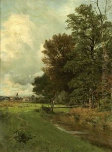 Bauerin Auf Einer Kleinen Holzbrucke Uber Einem Bach Am Waldrand, Im Hintergrund Ein Bayrisches Dorf by Hermann Pohle the Elder