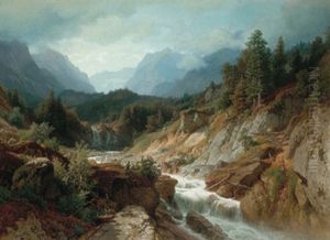 Landschaft Mit Wasserfall, Motiv Vom St. Gotthard