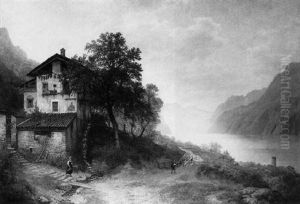 Muhle Am See In Den Alpen by Hermann Pohle the Elder
