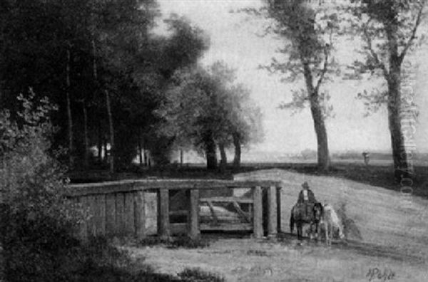 Bauer Mit Zwei Pferden An Einem Wehr Am Waldrand - view 1