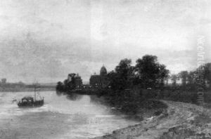 Abendliche Flusslandschaft Mit Einem Schlos