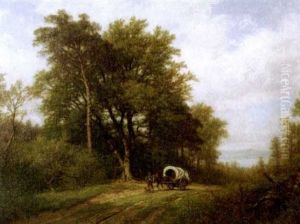 A Wagon In A Wooded Landscape by Hermann Emil Pohle the Younger