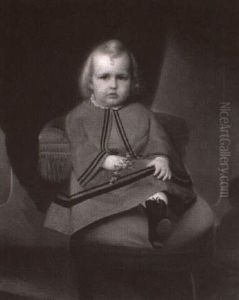 Portrait Of A Child With Blue Eyes And Golden Locks, Wearing A Grey Blue Gown And Seated In A Red Chair Portrait Of A Child With Blue Eyes And Golden Locks, Wearing A Grey Blue Gown And Seated In A Red Chair