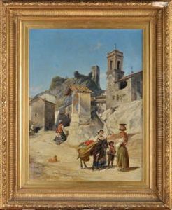 An Italian Hilltop Town With Figures At A Wayside Shrine