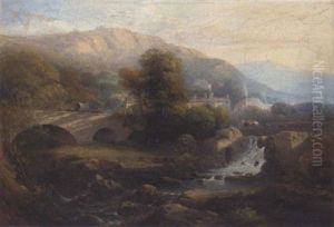 Figures On A Bridge In A Sunlit River Valley, A Village Beyond Figures On A Bridge In A Sunlit River Valley, A Village Beyond