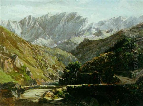 An Extensive Mountainous Landscape With A River And Footbridge In The Foreground - view 1