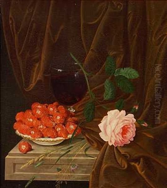 Opstilling Med Jordbaer I En Skal, Lyserod Rose Og Et Glas Rodvin Pa Et Bord - view 1